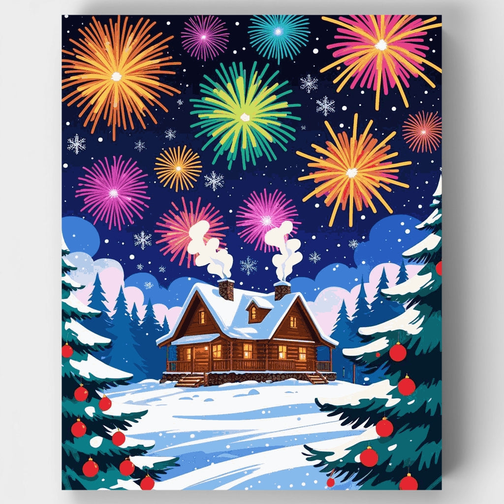 Kit de pintura por números - Fuegos artificiales en la cabaña de invierno — Estándar