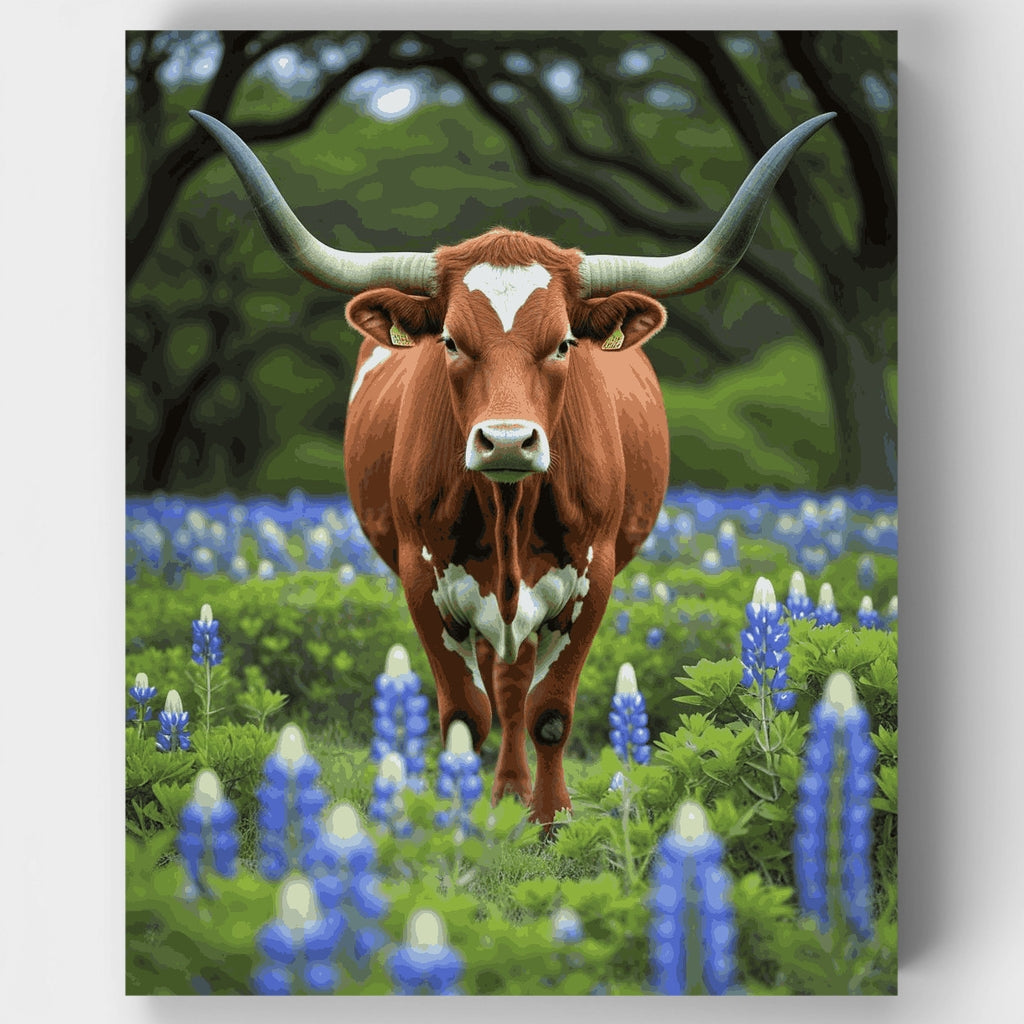 Texas Longhorn entre bluebonnets - Kit de pintura por números — Estándar