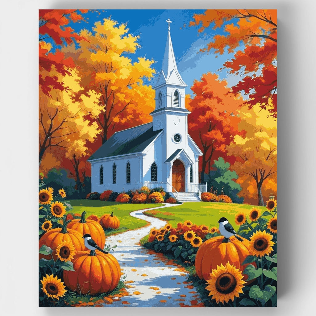 Iglesia de otoño con calabazas y girasoles - Kit de pintura por números — Estándar