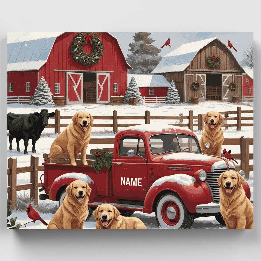 Kit de pintura por números - Golden Retrievers en la granja en invierno — Estándar