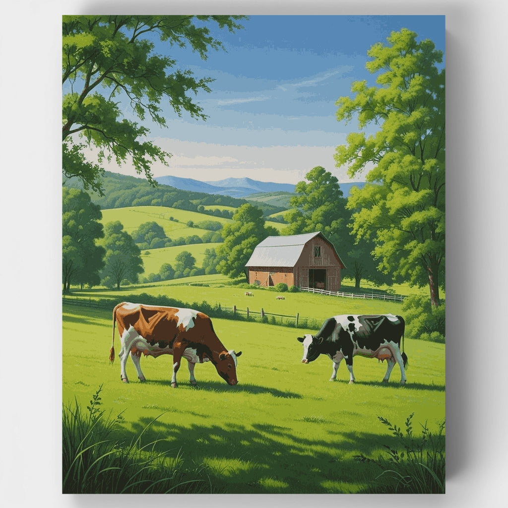Campo rural tranquilo con vacas pastando - Kit de pintura por números — Estándar