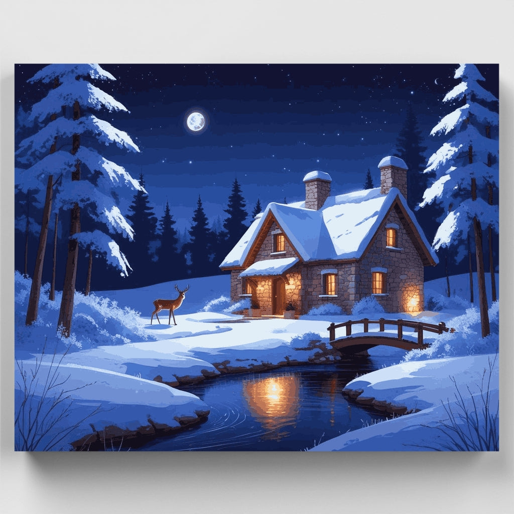 Escena nocturna de cabaña de invierno - Kit de pintura por números — Estándar