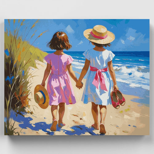 Two Girls Walking on Beach - Paint by Numbers Kit