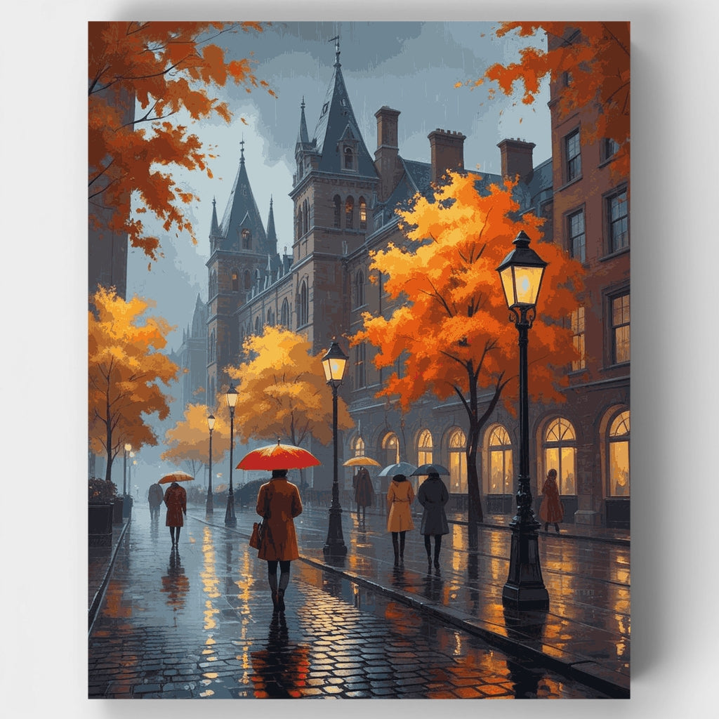 Escena callejera otoñal lluviosa - Kit de pintura por números — Estándar
