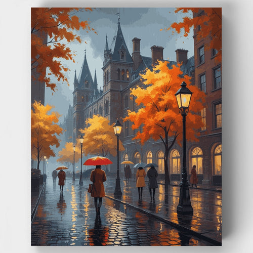 Rainy Autumn Street Scene - Paint by Numbers Kit