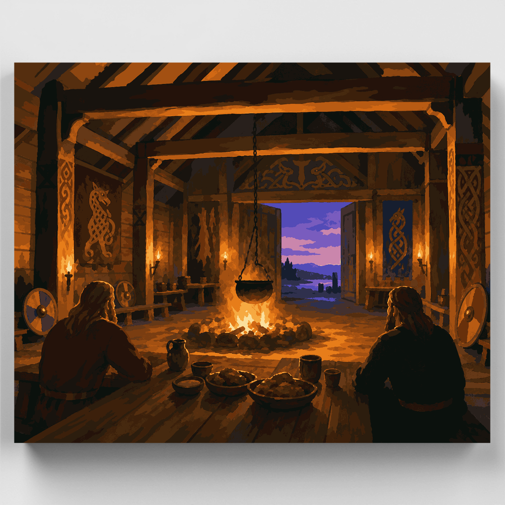 Viking Longhouse at Dusk - Paint by Numbers Kit