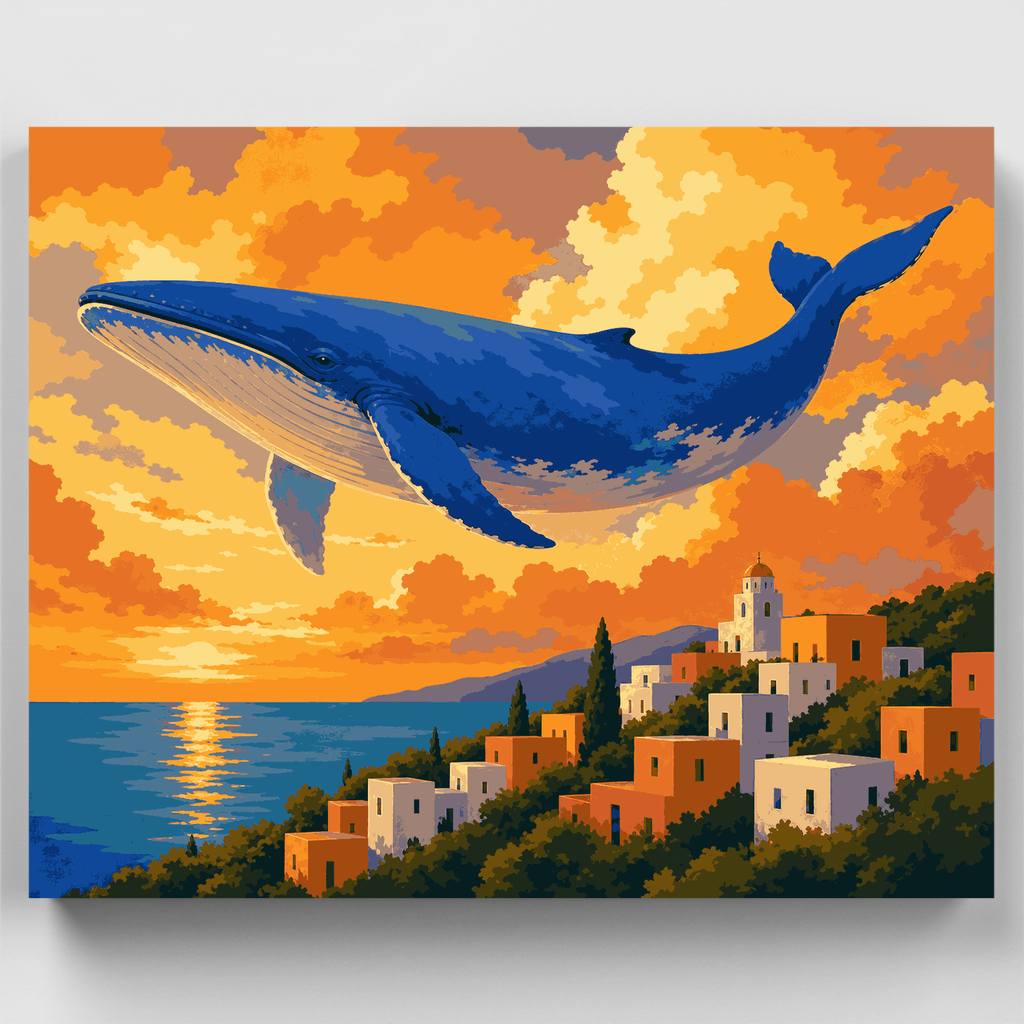 Ballena sobre el pueblo - Kit de pintura por números — Estándar