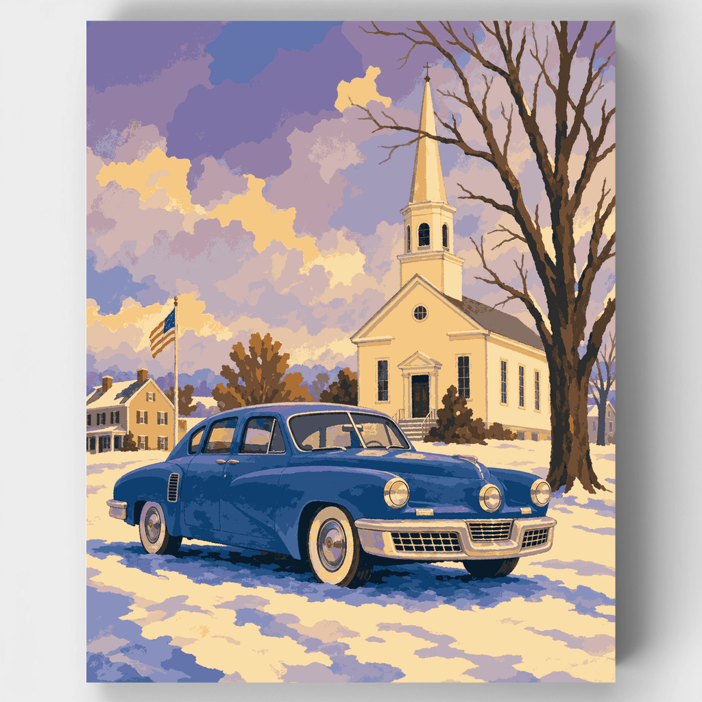 Iglesia en invierno con coche clásico - Kit de pintura por números — Estándar