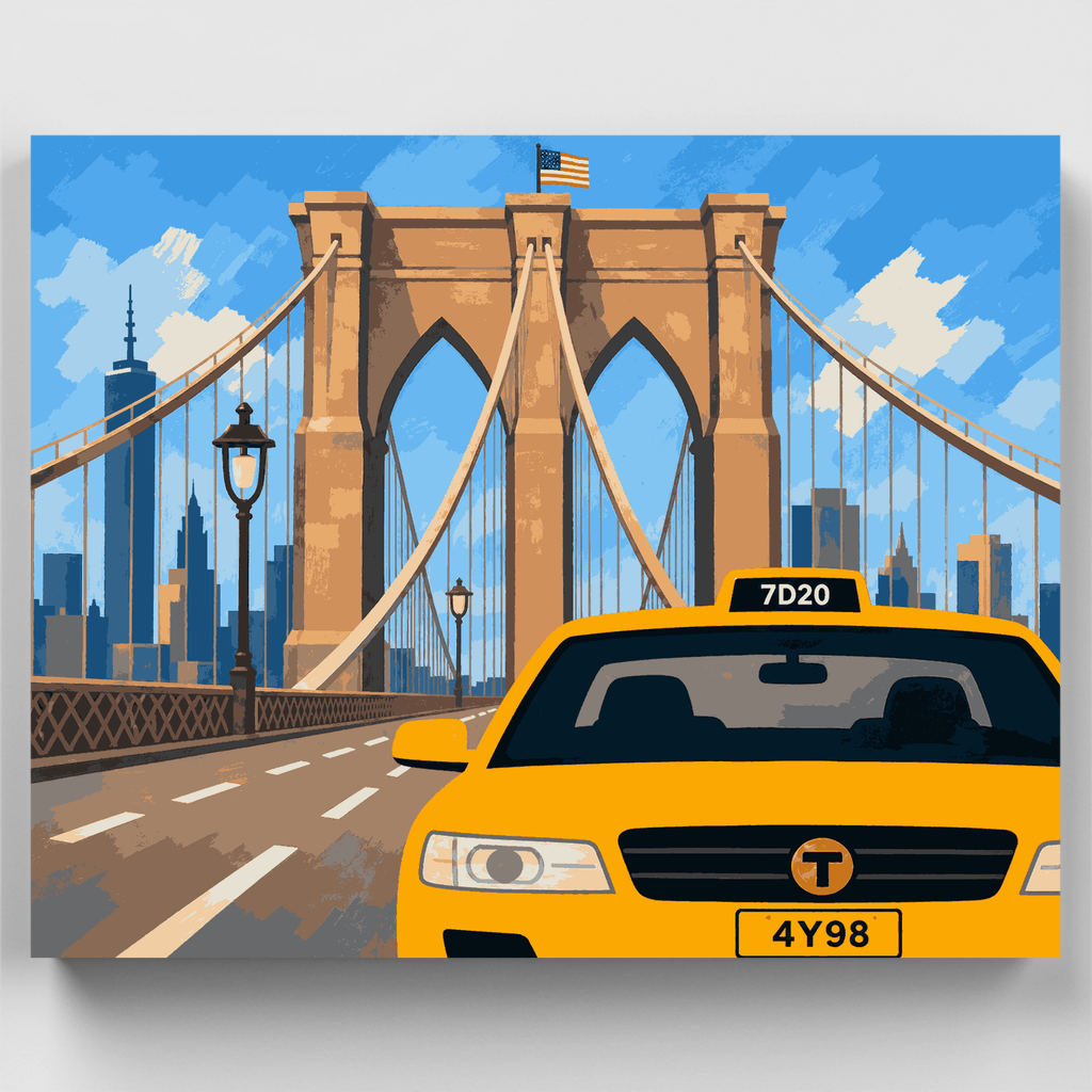 Taxi amarillo en el puente de Brooklyn - Kit de pintura por números — Estándar